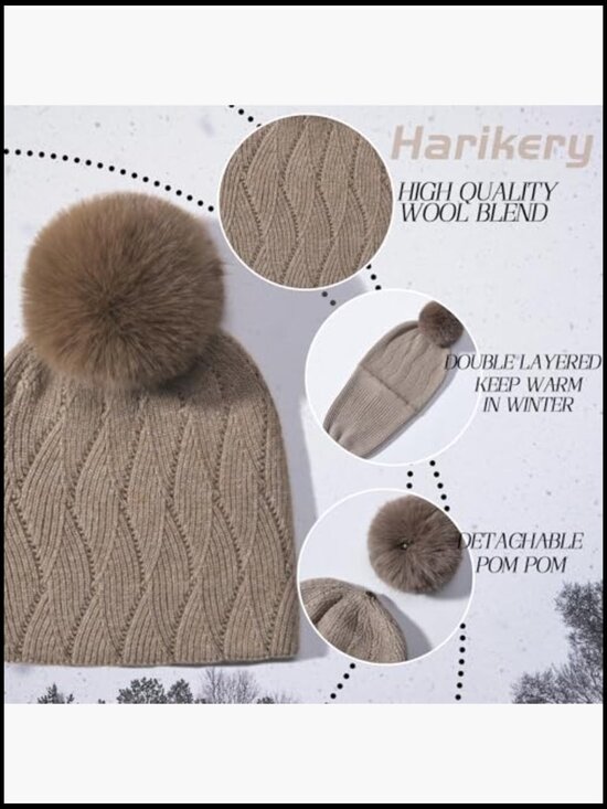 Wool Blend Beanie & Scarf Set with Detachable Pom Pom, Winter Hat Scarf Set main image 5